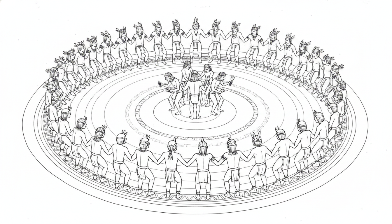 Archaeological reconstruction drawing of a Taíno areíto ceremony: a communal circle of people on a batey, passing knowledge through song and movement