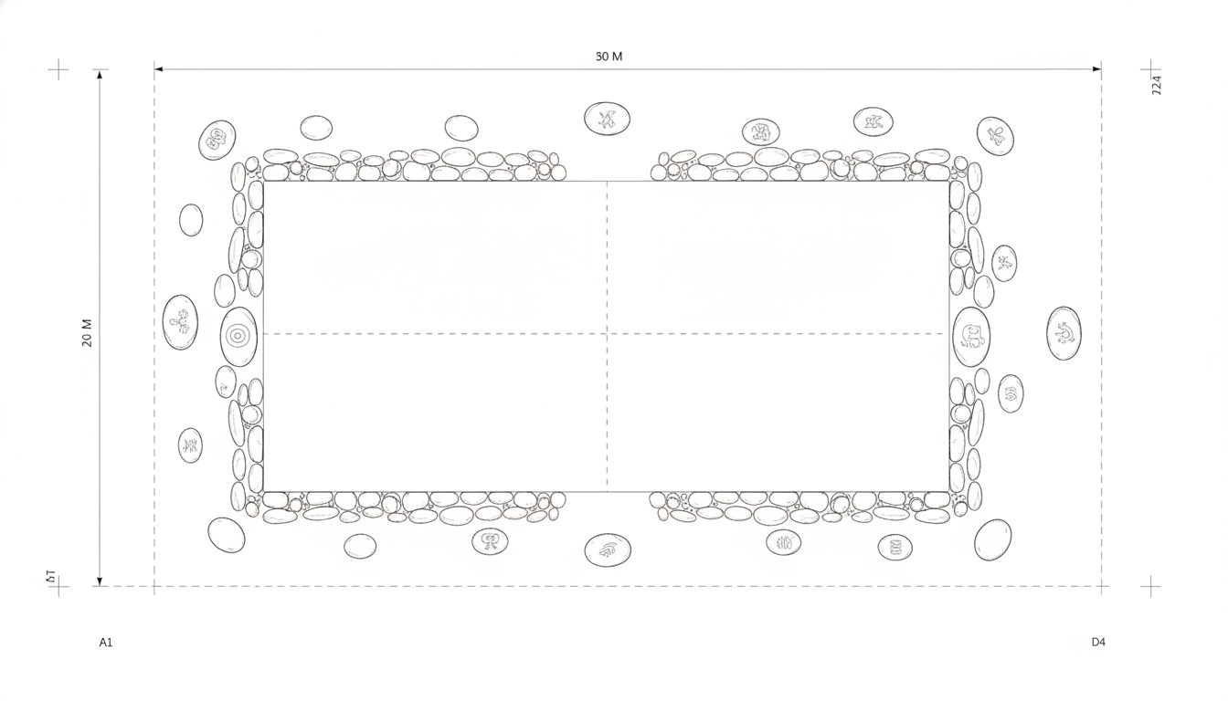 Archaeological site plan of a Taíno batey (ball court) with dimension lines and petroglyph markers