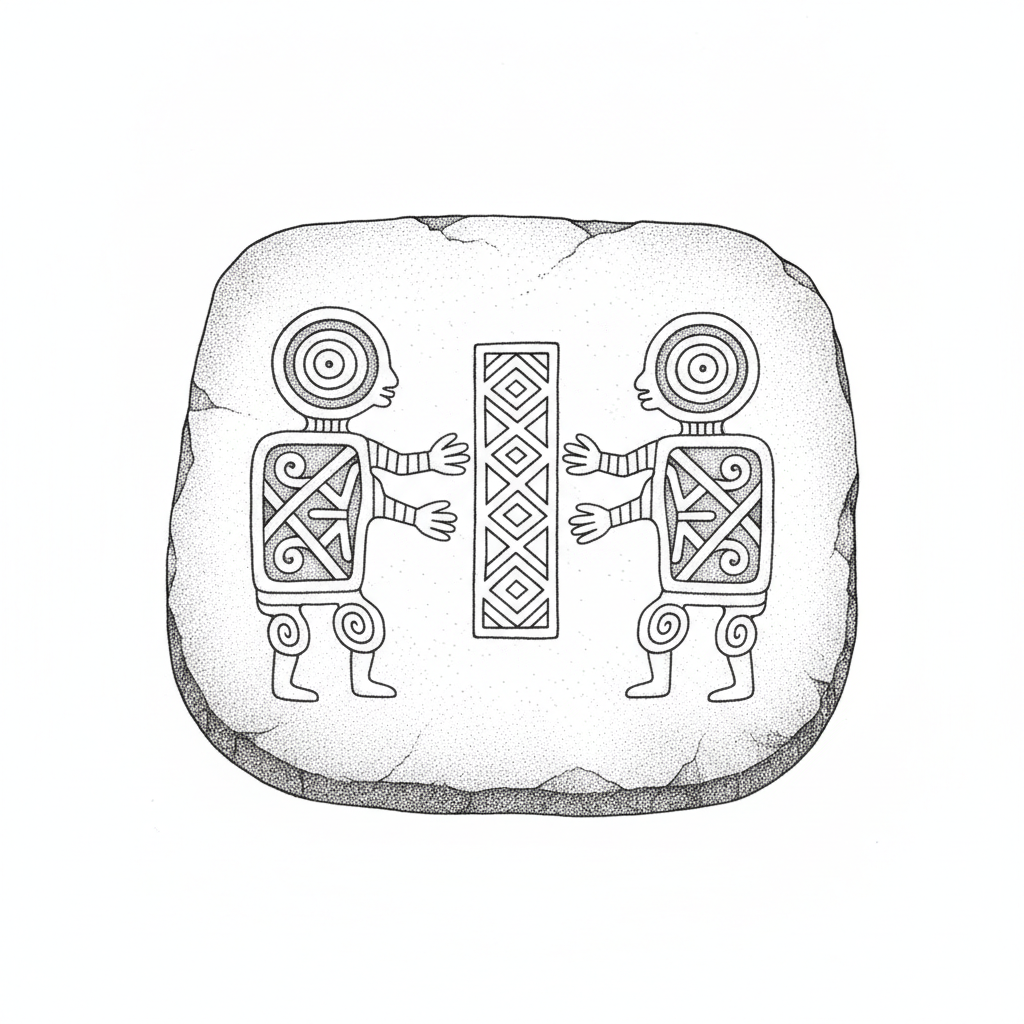 Petroglyph: two equal figures facing each other across a geometric pattern