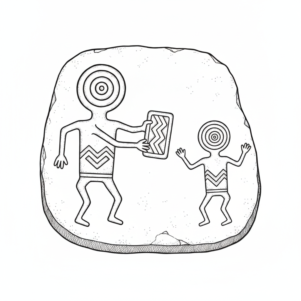 Petroglyph: a figure passing knowledge to a smaller figure