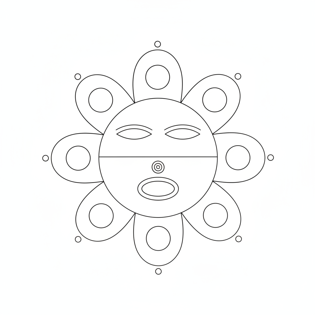 A Taíno sun petroglyph drawn as an archaeological survey specimen, rays terminating in circuit nodes, spiral at center